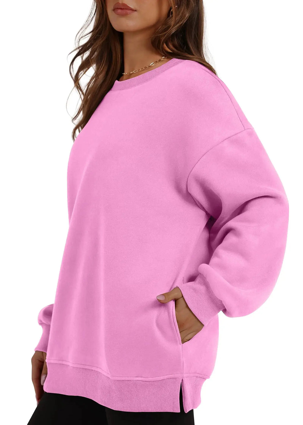 WIHOLL Womens Oversized Sweatshirts - Pink Crewneck Long Sleeve Top With Pocket