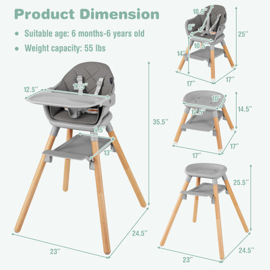 Babyjoy 6 in 1 Convertible Highchair with Safety Harness and Removable Tray Gray