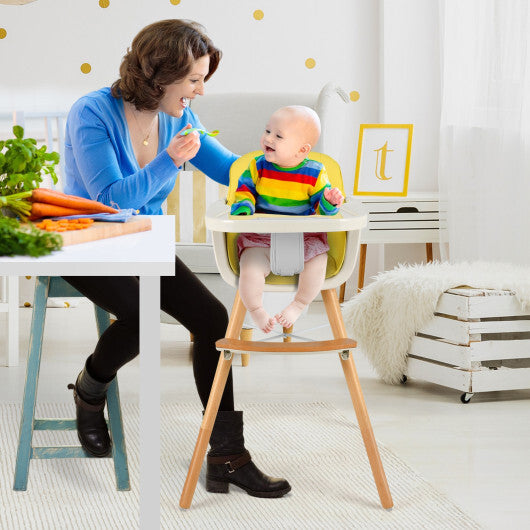 Babyjoy 3 in 1 Convertible Wooden High Chair Toddler Feeding Chair with Cushion Yellow