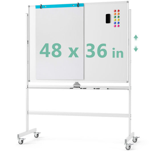 Costway 48 x 36 Inches Rolling Double-Sided Whiteboard with Magnetic Surface White