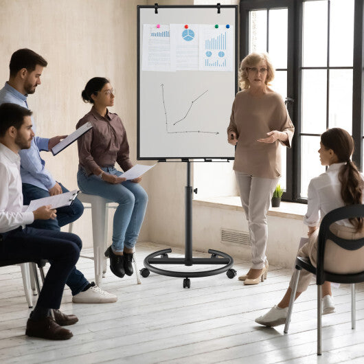 Costway Height-Adjustable Mobile Whiteboard with Round Stand Paper Clips-Black