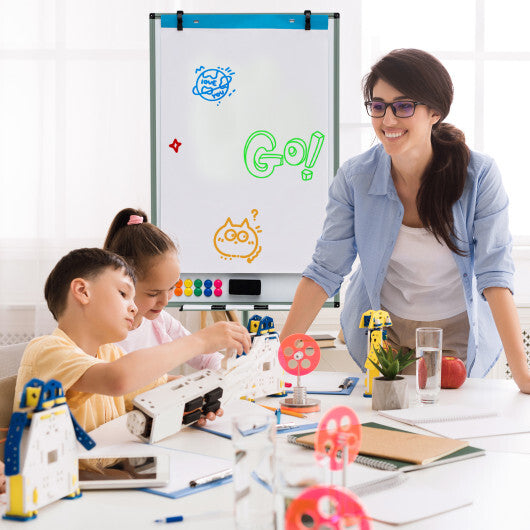 Costway Height-Adjustable Mobile Whiteboard with Round Stand Paper Clips-Green