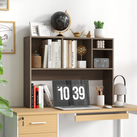 Costway Computer Desktop Bookcase with 4 Cubbies and Open Back Compartment-Gray