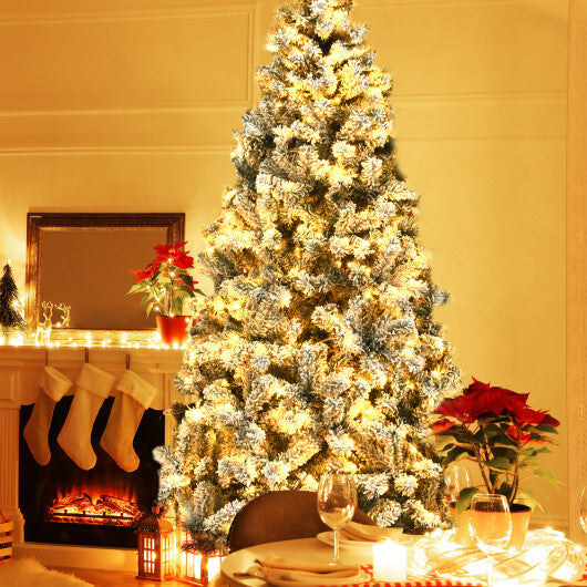 Costway 7.5 ft Prelit Premium Snow Flocked Hinged Artificial Christmas Tree with 450 Lights