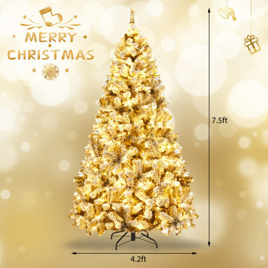 Costway 7.5 ft Prelit Premium Snow Flocked Hinged Artificial Christmas Tree with 450 Lights