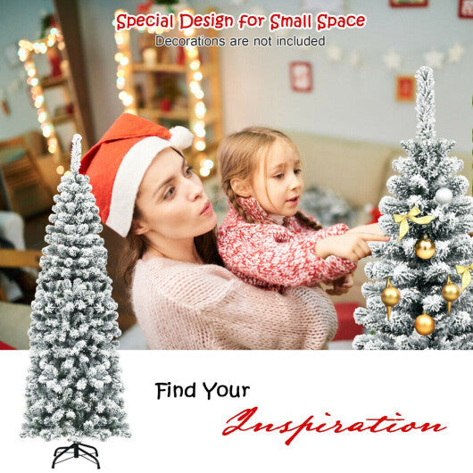 Costway 6Ft Unlit Hinged Snow Flocked Artificial Pencil Christmas Tree with 500 Branch Tips
