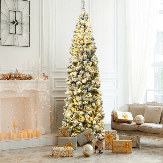 Costway 7.5Ft Pre-lit Snow Flocked Artificial Pencil Christmas Tree with 350 LED Lights