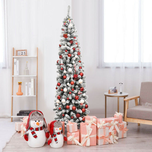 Costway 7.5Ft Pre-lit Snow Flocked Artificial Pencil Christmas Tree with 350 LED Lights