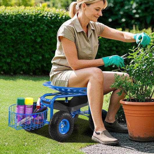 Costway Heavy Duty Garden Cart with Tool Tray and 360 Swivel Seat-Blue