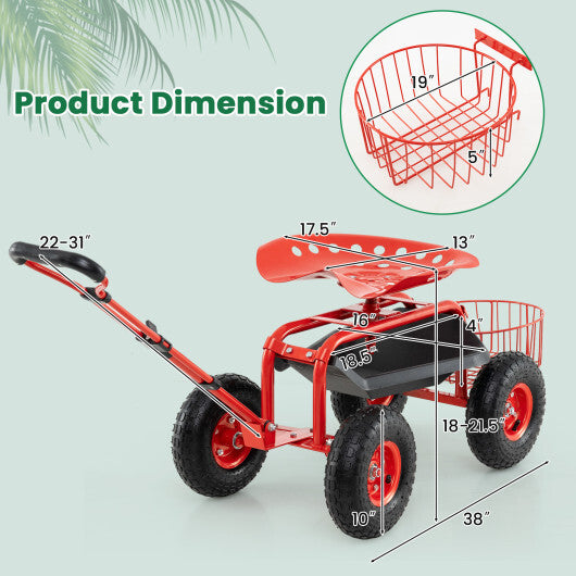 Costway Heavy Duty Garden Cart with Tool Tray and 360 Swivel Seat-Red