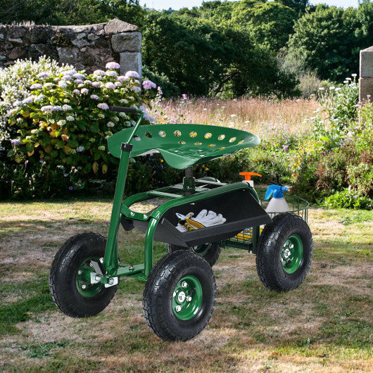 Costway Extendable Handle Garden Cart Rolling Wagon Scooter-Green