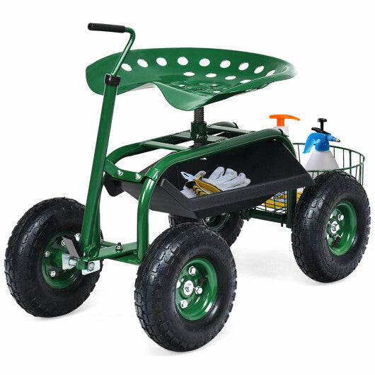Costway Extendable Handle Garden Cart Rolling Wagon Scooter-Green