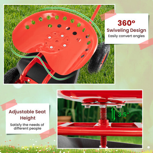 Costway Extendable Handle Garden Cart Rolling Wagon Scooter-Red