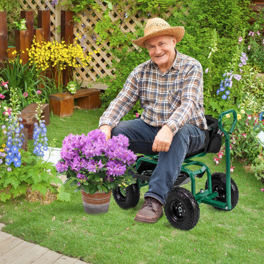 Costway Cushioned Rolling Garden Cart Scooter with Storage Basket and Tool Pouch-Green