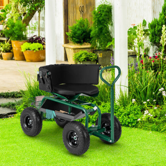 Costway Cushioned Rolling Garden Cart Scooter with Storage Basket and Tool Pouch-Green