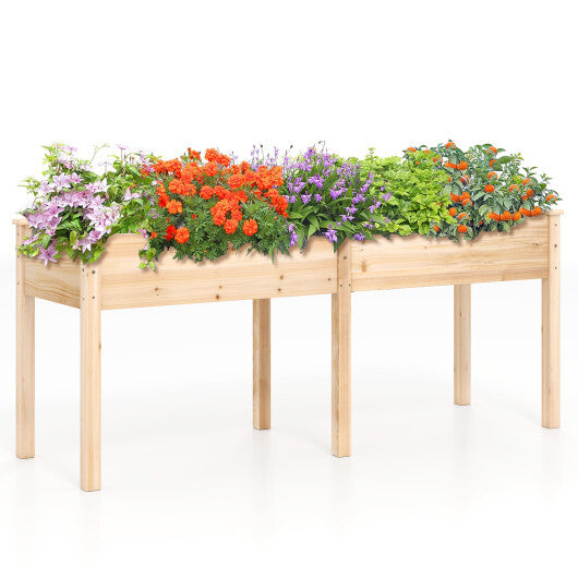 Costway Fir Wood Outdoor Raised Garden Bed with Divider Panel and Drainage Holes-Natural