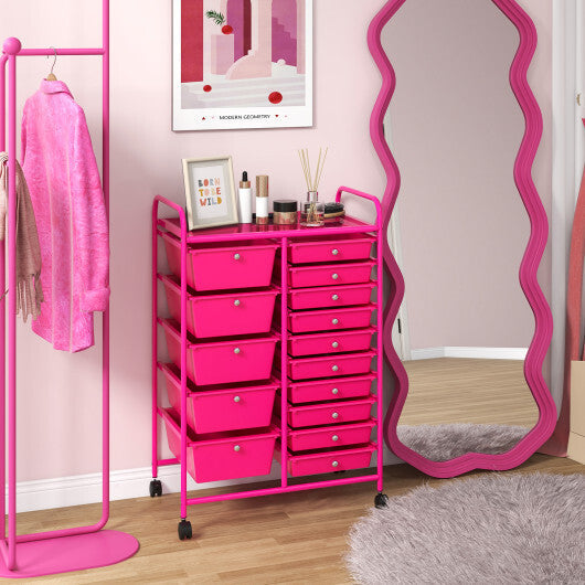 Costway 15-Drawer Utility Rolling Organizer Cart MultiUse Storage-Pink