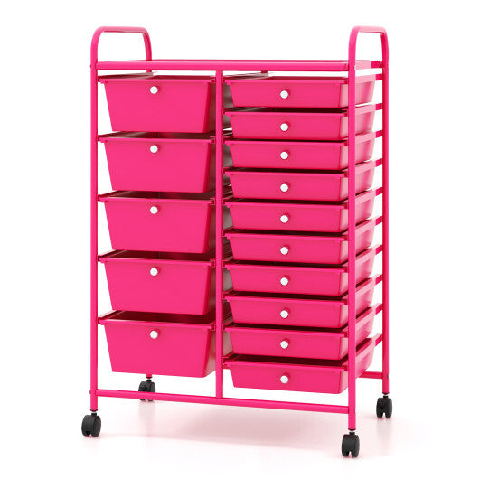 Costway 15-Drawer Utility Rolling Organizer Cart MultiUse Storage-Pink