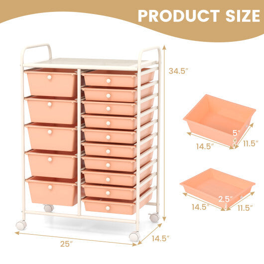 Costway 15-Drawer Utility Rolling Organizer Cart Multi-Use Storage-Peach