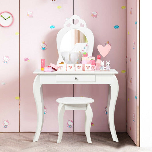 Costway Kids Vanity Set Princess Makeup Dressing Play Table Set W/Mirror-White