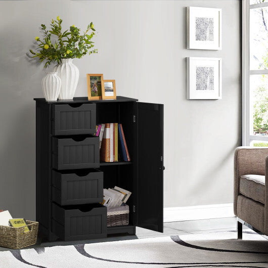 Costway Bathroom Storage Wooden 4 Drawer Cabinet Cupboard 2 Shelves Free Standing Black