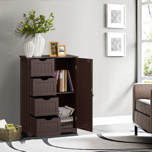 Costway Bathroom Storage Wooden 4 Drawer Cabinet Cupboard 2 Shelves Free Standing Brown