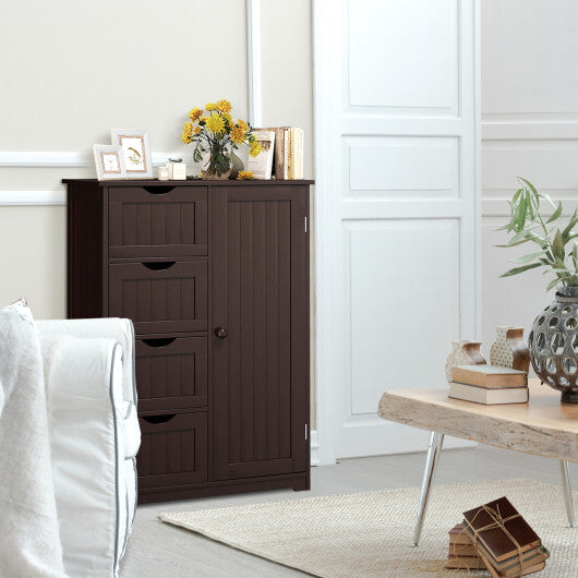 Costway Bathroom Storage Wooden 4 Drawer Cabinet Cupboard 2 Shelves Free Standing Brown