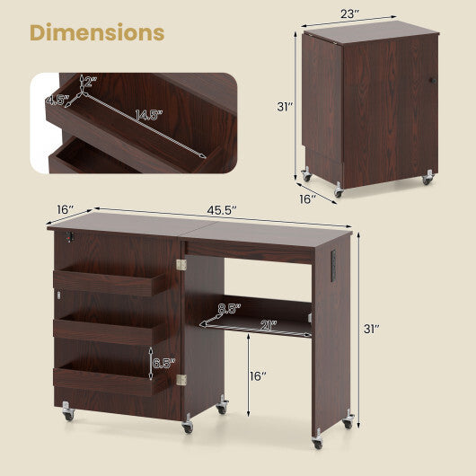 Costway Sewing Machine Table with Charging Station and Lockable Casters-Brown