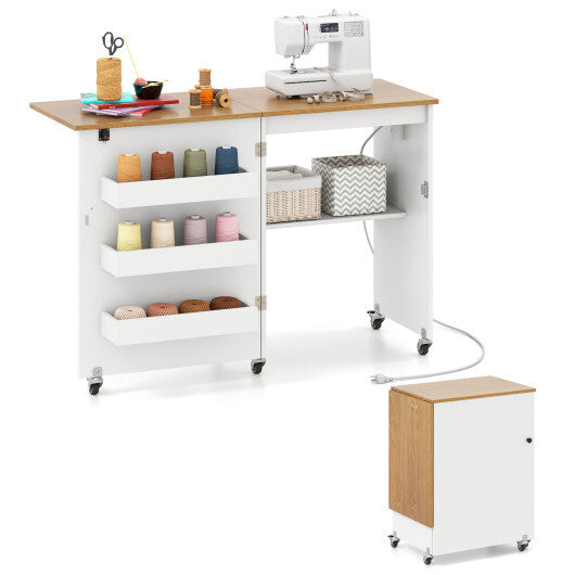 Costway Sewing Machine Table with Charging Station and Lockable Casters-Natural and White