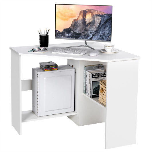 Costway Corner Computer Desk Triangle Writing Workstation with Storage Shelf White