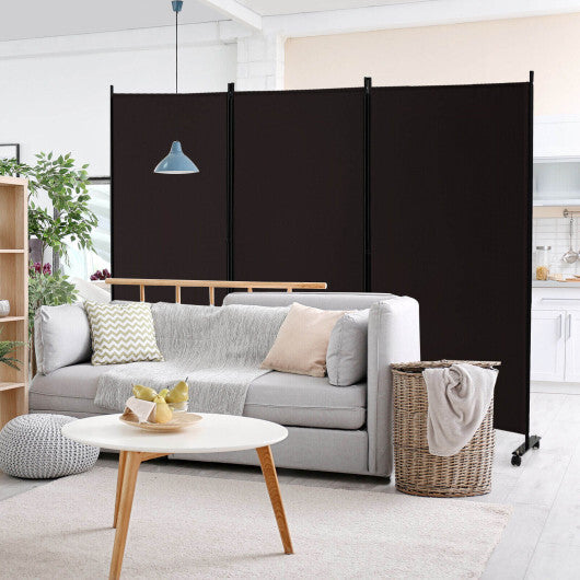 Costway 3-Panel Folding Room Divider 6Ft Rolling Privacy Screen with Lockable Wheels Brown