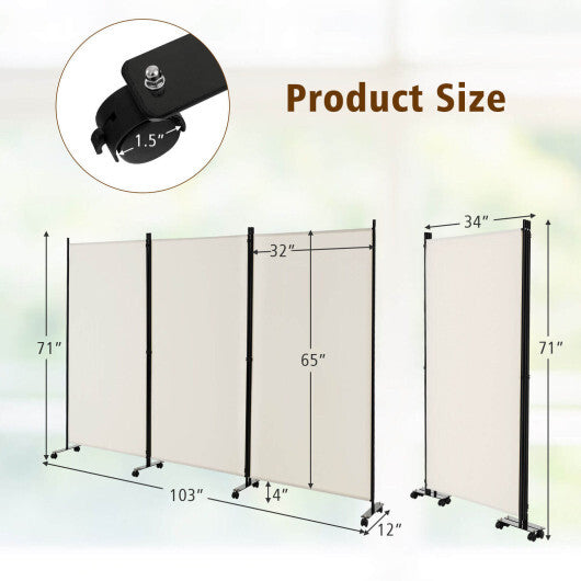 Costway 3-Panel Folding Room Divider 6Ft Rolling Privacy Screen with Lockable Wheels White