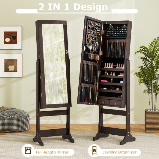 Costway Lockable Mirrored Jewelry Cabinet with Stand and Led Lights-Brown