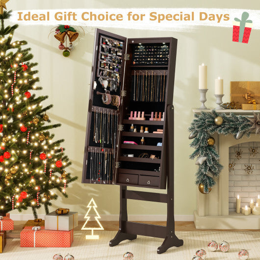 Costway Lockable Mirrored Jewelry Cabinet with Stand and Led Lights-Brown