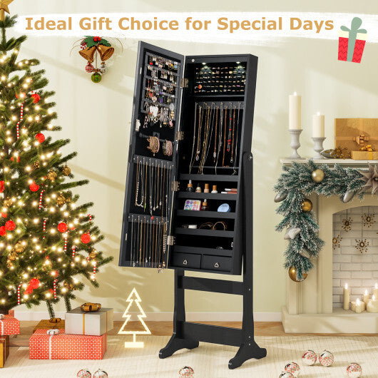 Costway Lockable Freestanding Jewelry Cabinet Armoire with Full-Length Mirror and Lights-Black