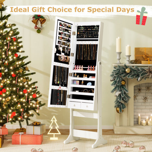 Costway Lockable Freestanding Jewelry Cabinet Armoire with Full-Length Mirror and Lights-White