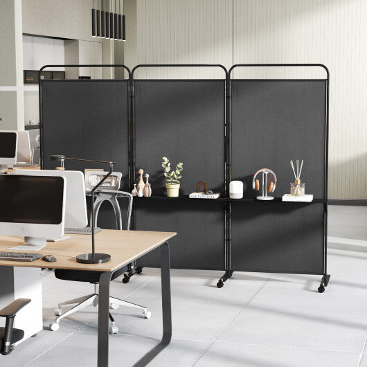 Costway 3-Panel Folding Room Divider with 3 Metal Shelves and Lockable Wheels-Black