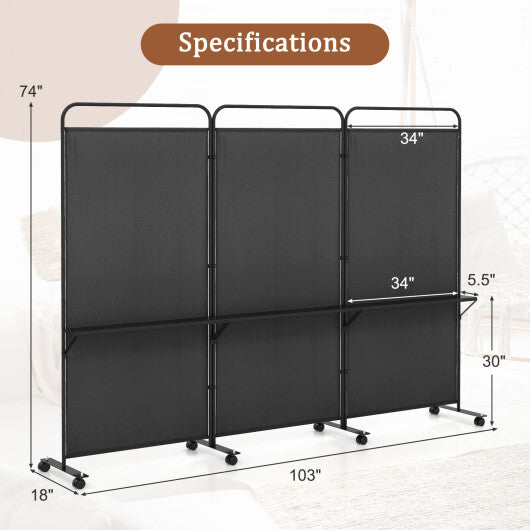 Costway 3-Panel Folding Room Divider with 3 Metal Shelves and Lockable Wheels-Black