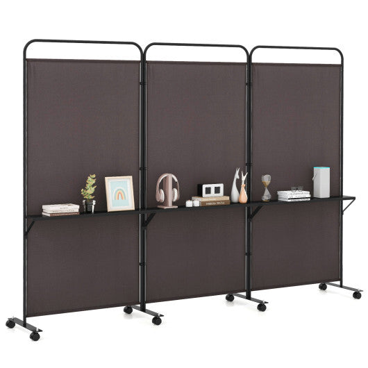 Costway 3-Panel Folding Room Divider with 3 Metal Shelves and Lockable Wheels-Brown