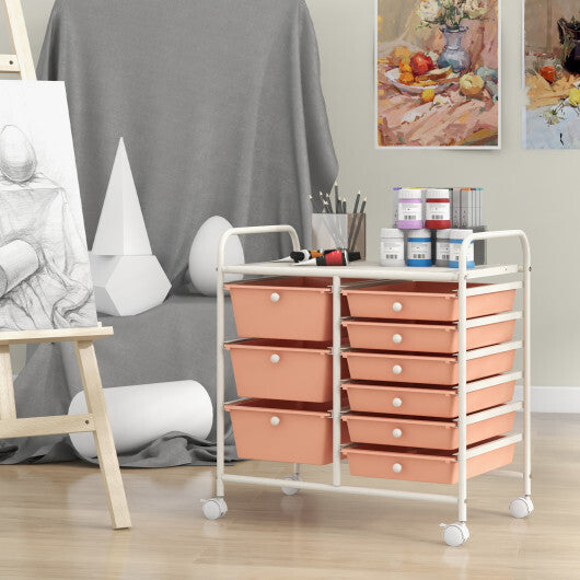 Costway 9-Drawer Rolling Storage Cart with Colorful Drawers and Metal Frame-Peach