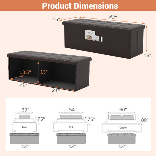 Costway 43 Inches Folding Storage Ottoman Bench Foot Rest Stool End of Bed Bench Brown