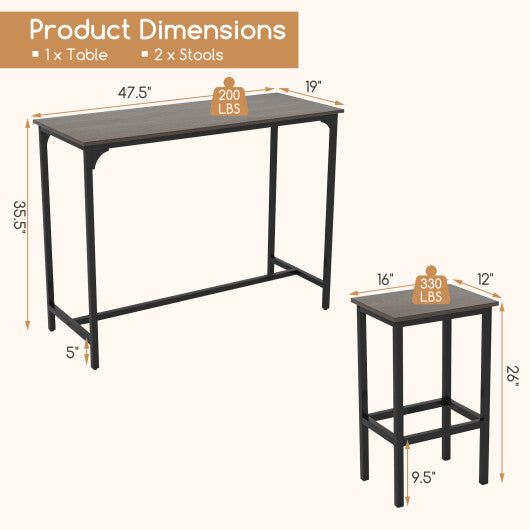 Costway Industrial 3-Piece 47.5" Counter-Height Dining Table and 2 Bar Stools-Gray
