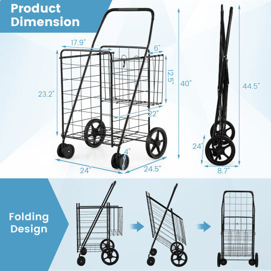 Costway Folding Shopping Cart Jumbo Basket Grocery Laundry with Swivel Wheels Black
