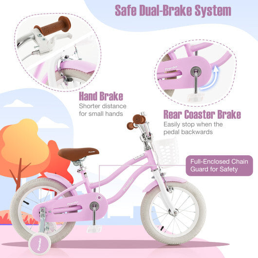Costway 14'' Kid's Bike with Removable Training Wheels & Basket for 3-5 Years Old Purple
