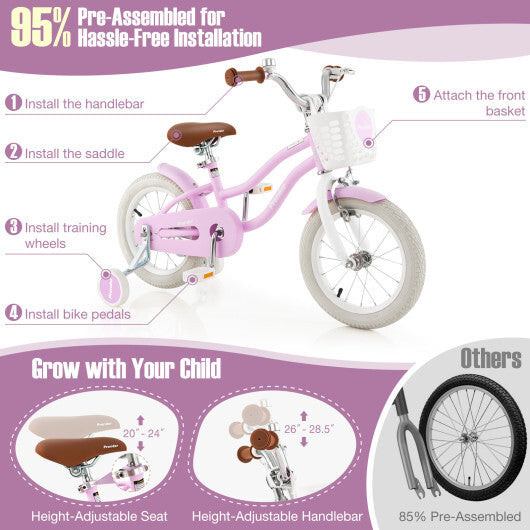 Costway 14'' Kid's Bike with Removable Training Wheels & Basket for 3-5 Years Old Purple