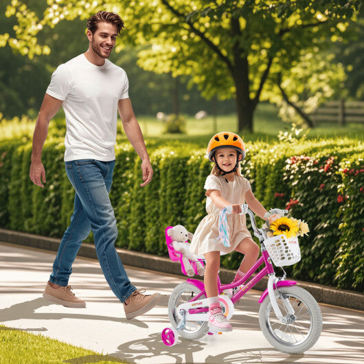 Costway Kids Bike 12 Inch with Training Wheels and 2 Brake System for 3-4 Years Old Rose Red