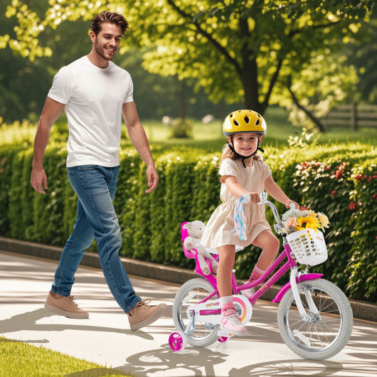 Costway Kids Bike 16 Inch with Training Wheels and 2 Brake System for 4-7 Years Old Rose Red