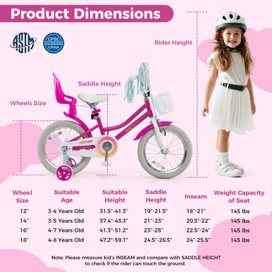 Costway Kids Bike 16 Inch with Training Wheels and 2 Brake System for 4-7 Years Old Rose Red