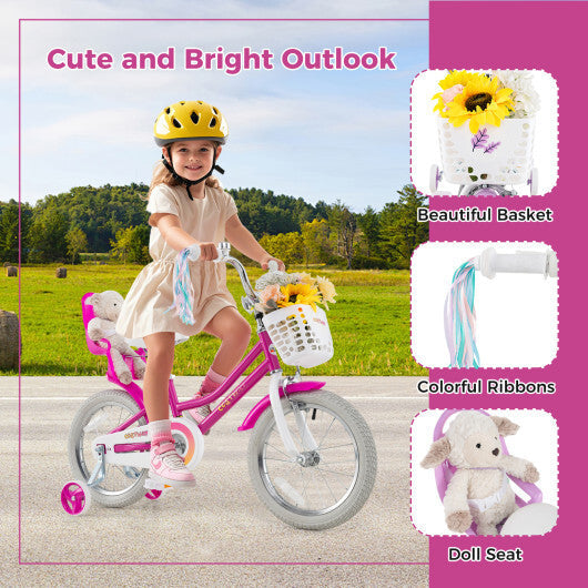 Costway Kids Bike 16 Inch with Training Wheels and 2 Brake System for 4-7 Years Old Rose Red