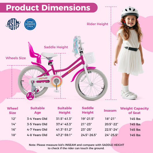 Costway Kids Bike 18 Inch with Training Wheels and 2 Brake System for 4-8 Years Old Rode Red